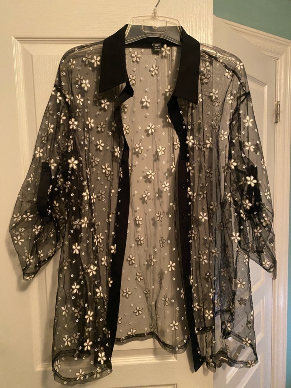 SHEIN Black Sheer Floral Embroidered Button-Up Cardigan